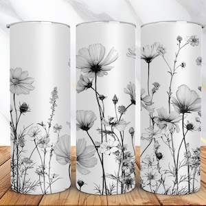 Schwarz-Weiß-Wildblumen Tumbler Wrap - 20 Unzen Skinny Tumbler Sublimation Design - Tumbler Wrap PNG - Digital Download