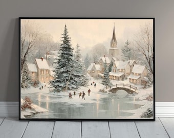 Christmas Village Print -Snowy Winter Wall Art -Rustic Holiday Decor -Printable Digital Download