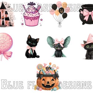 May include: A selection of whimsical Halloween illustrations. Features a pink haunted house, a cupcake with a bat, balloons, a cauldron, a lollipop, a black cat, a bat with a bow, a cat in a witch hat, and a pumpkin filled with sweets.