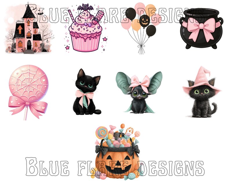 May include: A selection of whimsical Halloween illustrations. Features a pink haunted house, a cupcake with a bat, balloons, a cauldron, a lollipop, a black cat, a bat with a bow, a cat in a witch hat, and a pumpkin filled with sweets.