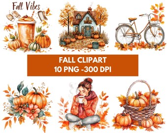 Watercolor Fall Clipart Bundle of 10 Thanksgiving PNGs Autumn Pumpkin Spice Bicycle Door cottagecore decor Instant Digital Download PNG