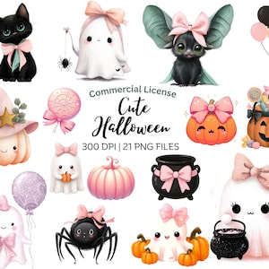 May include: A selection of adorable Halloween illustrations. Features a black cat, a bat with large ears, ghosts, pumpkins, spiders, and balloons. Each character is decorated with pink bows. The words "Cute Halloween" are also displayed.