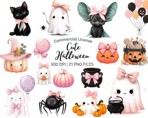Cute Halloween Clipart -Watercolor Girly Halloween PNG -Ghost Clipart Bundle -Pumpkin and Cat Designs -Commercial Use Digital Download