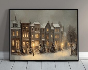 Vintage Winter Village Print -Christmas Town Printable Wall Art -Rustic Holiday Decor -Digital Download