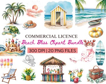 Watercolor Beach Clipart -Summer Clipart Bundle -Holiday Beach PNG -Cute Seaside Clipart -Vacation PNG -Digital Download