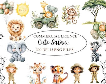Süße Safari Tiere Clipart - Dschungeltiere Png - Aquarell - Kinderzimmer Clipart - Geburtstag Clipart - Sublimation - Kommerzielle Lizenz