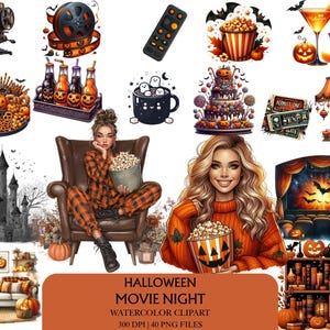 Halloween Movie Night Watercolor Clipart -Spooky Season PNG Clipart Bundle -Hallows Eve Graphics -Digital Download -Commercial Use