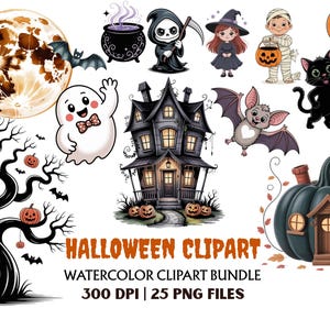 Watercolor Cute Halloween Clipart Bundle -Spooky Season PNG -Pumpkin Clipart -Kids Halloween PNG -Cute Ghost Witch -Digital Download