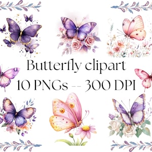 Schmetterling Clipart, lila Schmetterling PNG, Blumen Clipart, Blumen Schmetterling Flügel Clipart Aquarell Schmetterling Clipart Bundle