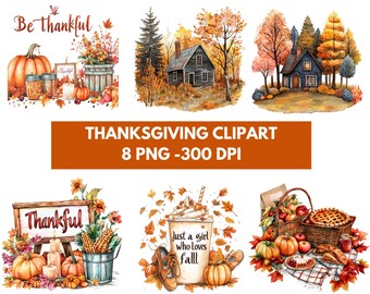 Watercolor Autumn Clipart Bundle of 8 Thanksgiving PNGs Pumpkin Spice Forest House Fruits Cottagecore Decor Instant Digital Download PNG