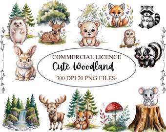 Cute Woodland Animal Clipart Bundle PNG  -Watercolor Nursery Clipart -Forest Animals -Kid's Clipart -Commercial use -Digital Download