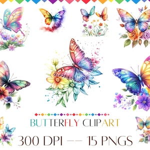 Butterfly Clipart, Butterfly PNG Clipart Bundle, Flower Clipart, Floral Butterfly Wings, Watercolor Clipart, Digital Download