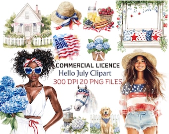 Watercolor 4th of July Clipart -Independence Day Clipart Bundle - 4th of July PNG -Patriotic American Summer PNG-Digital Download