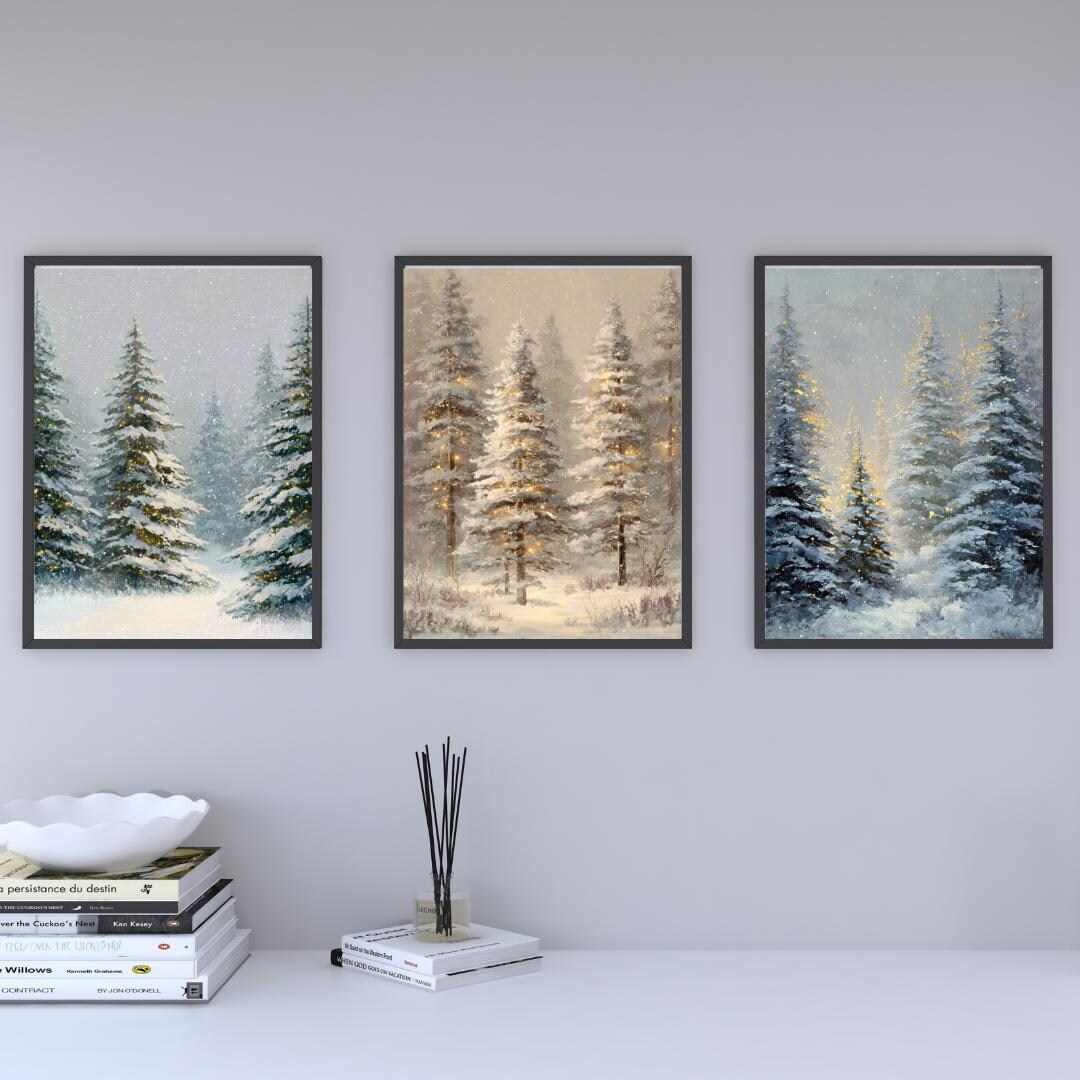 Winter Pine Trees Print Set -snowy Holiday Wall Art -watercolor ...