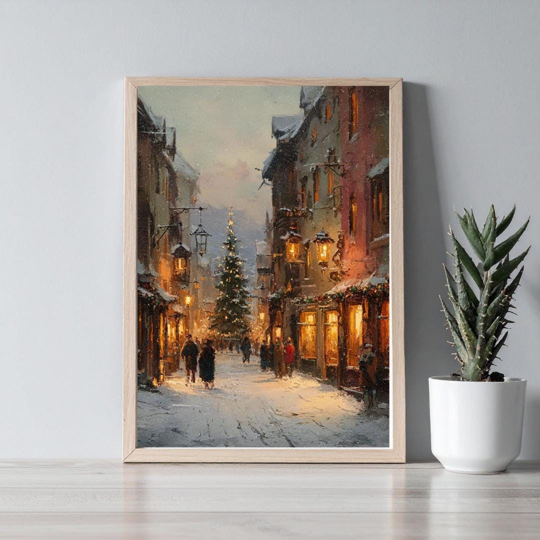 Vintage Christmas Village Print -snowy Winter Wall Art -rustic Holiday ...
