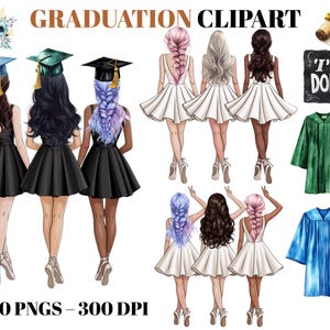 Graduierung Clipart - Graduierung Mädchen Clipart Bundle - Graduierung Kleider Kappen - Sublimation Designs für Junk Journal - Digital Download
