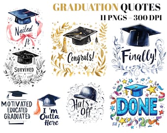 Aquarell Abschluss Clipart mit Motivationszitaten - Studenten Geschenke - Abschlusskappe Png - Digitaler Download - Abschlusskappe - Senior 2025