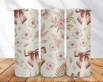 Floral Bows 20oz Tumbler Wrap -Skinny Tumbler Sublimation Design -Coquette Tumbler Wrap PNG -Instant Digital Download