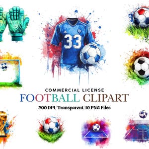 10 Aquarell Fußball Clipart, Fußball Clipart, Clipart Bundle, kommerzielle Nutzung, digitaler Download, sofortiger Download