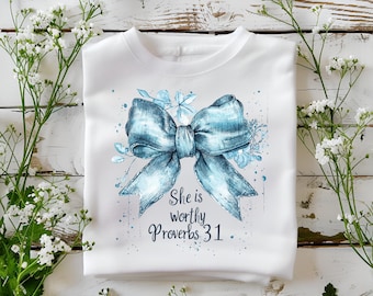 She is Worthy Bow PNG File, Women's Christian Shirts, Cute Christian Coquette Designs, Girly Faith Shirt Ideas, Trendy Christian Shirt Ideas