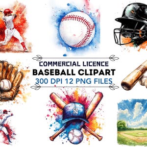 Baseball Clipart Bundle Sports Clipart Baseball Graphics Watercolor Clipart Softball PNG Digital Download
