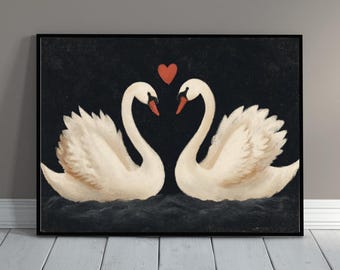 Impresión vintage de cisne para San Valentín - Arte mural de cisne melancólico - Decoración rústica cottagecore - Descarga digital