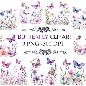 Schmetterling Clipart, Schmetterling PNG Blumen Clipart, lila Schmetterling Clipart Bundle, Aquarell Schmetterling Flügel Blume PNG,