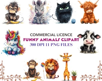 Watercolor Animal Clipart, Grumpy Safari Animals Clipart, Cartoon Pet Prints Clipart Bundle, Commercial Use, Digital Download