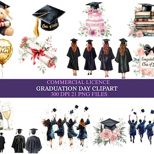 Clipart de graduación en acuarela - Paquete de imágenes PNG de graduación - Clase de 2025 - Birrete, toga, diploma, flores - Descarga digital