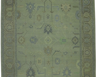 Handmade Oushak Rug: Muted Sage Green Turkish Knot Area Rug
