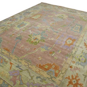 Handmade Pink Oushak Rug | Turkish Wool Rug 8x10, 9x12, | Vintage Distressed Look | Soft Pastel Oriental Carpet | Living Room Boho Decor Rug