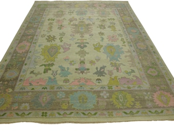 Pastel Green Oushak Rug: Hand-Knotted Turkish Wool Floral Rug