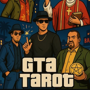 Tarô estilo GTA, tarô de jogos de gângster, arte de videogame, Arcanos Maiores, Tarô PNG, baralho de tarô, cartas de tarô exclusivas, estilo de arte GTA, tarô engraçado