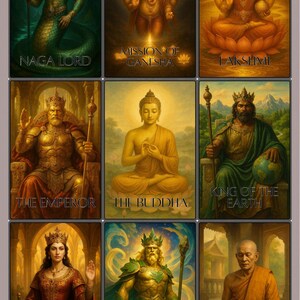 May include: Nine digital art prints showcasing diverse figures, each with a title. The images include Naga Lord, Mission of Ganesha, Lakshmi, The Emperor, The Buddha, King of the Earth, Lady Sena, Virun, and The Monk. The artwork has a fantasy theme.