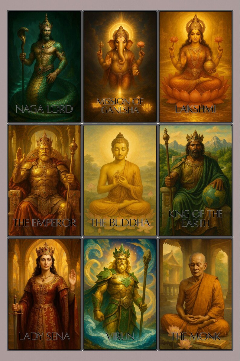 May include: Nine digital art prints showcasing diverse figures, each with a title. The images include Naga Lord, Mission of Ganesha, Lakshmi, The Emperor, The Buddha, King of the Earth, Lady Sena, Virun, and The Monk. The artwork has a fantasy theme.