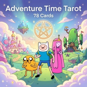 May include: An illustrated Adventure Time Tarot deck with 78 cards. The image shows Finn, Jake, and Princess Bubblegum in a vibrant landscape with a castle, floating mountains, and a golden pentagram.