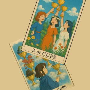 May include: Two tarot cards, one on top of the other. The top card is the Three of Cups, depicting three women raising golden cups in a field of flowers. The bottom card is the Seven of Cups, showing a person looking at seven cups with different objects inside, including a dragon.