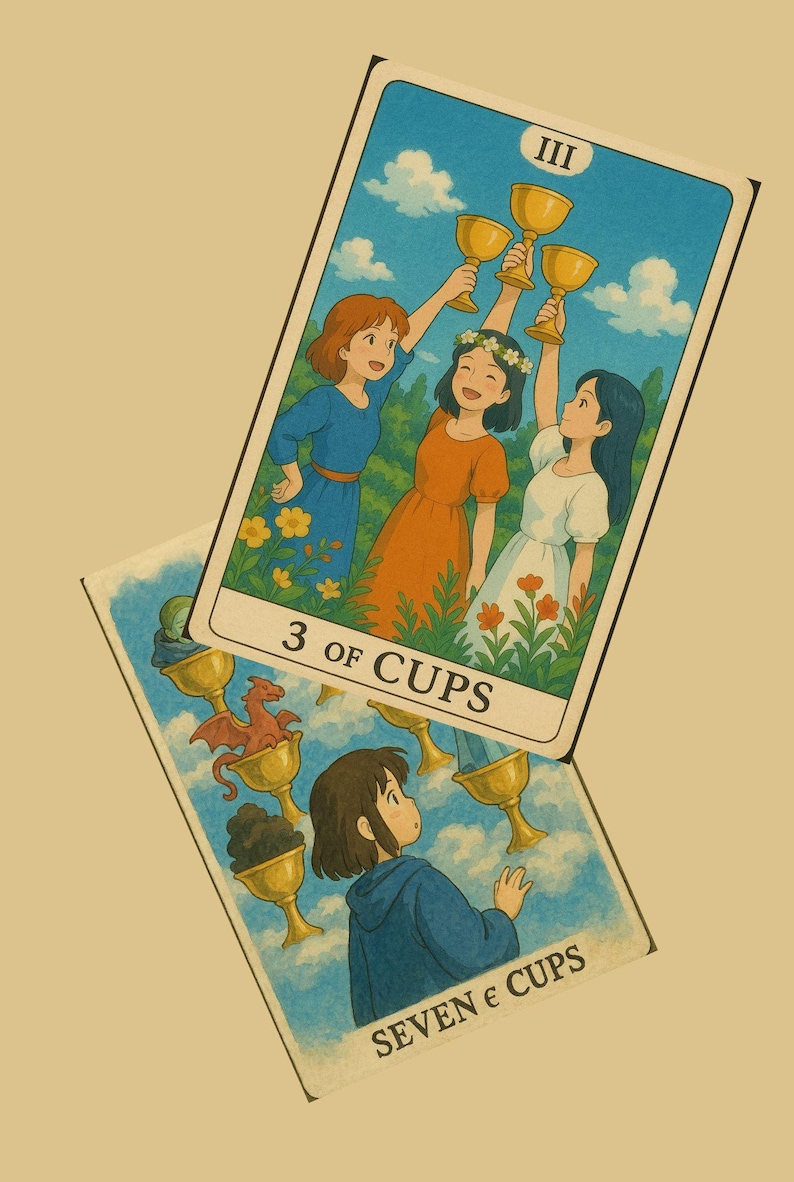 May include: Two tarot cards, one on top of the other. The top card is the Three of Cups, depicting three women raising golden cups in a field of flowers. The bottom card is the Seven of Cups, showing a person looking at seven cups with different objects inside, including a dragon.