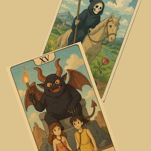 May include: Two tarot cards, one depicting Death riding a white horse and the other depicting The Devil, a horned demon with a red tail, holding a torch. The Devil card shows two people chained together.