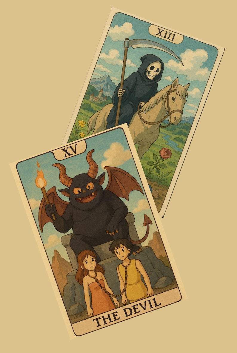 May include: Two tarot cards, one depicting Death riding a white horse and the other depicting The Devil, a horned demon with a red tail, holding a torch. The Devil card shows two people chained together.