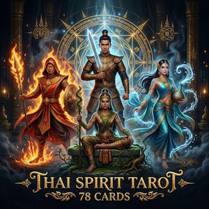 Könnte beinhalten: Digitales Kunstwerk des Thai Spirit Tarot Decks mit vier Figuren in aufwendiger Kleidung. Das Bild enthält mystische Elemente, mit dem Text "Thai Spirit Tarot" und "78 Karten" am unteren Rand.