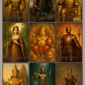 May include: Nine framed illustrations of figures from a fantasy setting. The images include a king, queen, general, and other characters, each with a name label. The artwork features detailed costumes and backgrounds, with a warm colour palette.