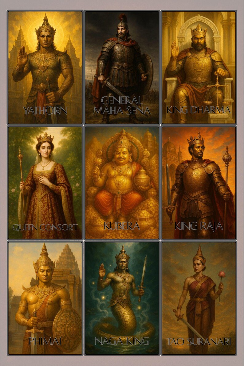 May include: Nine framed illustrations of figures from a fantasy setting. The images include a king, queen, general, and other characters, each with a name label. The artwork features detailed costumes and backgrounds, with a warm colour palette.