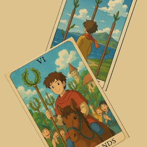 May include: Two tarot cards, one on top of the other. The top card is the Three of Wands, showing a person standing on a beach with three wands behind them. The bottom card is the Six of Wands, showing a person riding a horse with a crown of leaves on a wand, surrounded by people cheering.