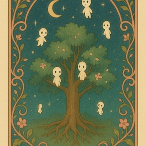 May include: A whimsical illustration of a large tree with a crescent moon and stars in the night sky. Seven small, white, humanoid figures are scattered around the tree, some perched on branches.