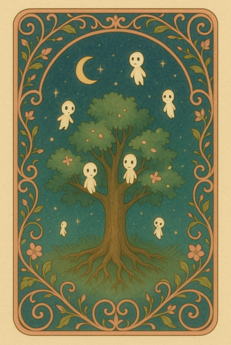 May include: A whimsical illustration of a large tree with a crescent moon and stars in the night sky. Seven small, white, humanoid figures are scattered around the tree, some perched on branches.