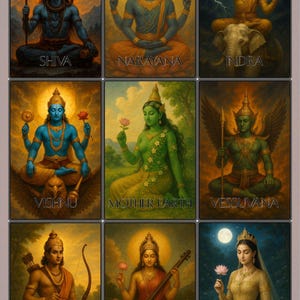 May include: Nine framed illustrations of deities, including Shiva, Narayana, Indra, Vishnu, Mother Earth, Vessuvana, Rama, Uma Devi, and Princess Chantaramalee. Each figure is depicted with vibrant colours and symbolic objects, set against a golden background.