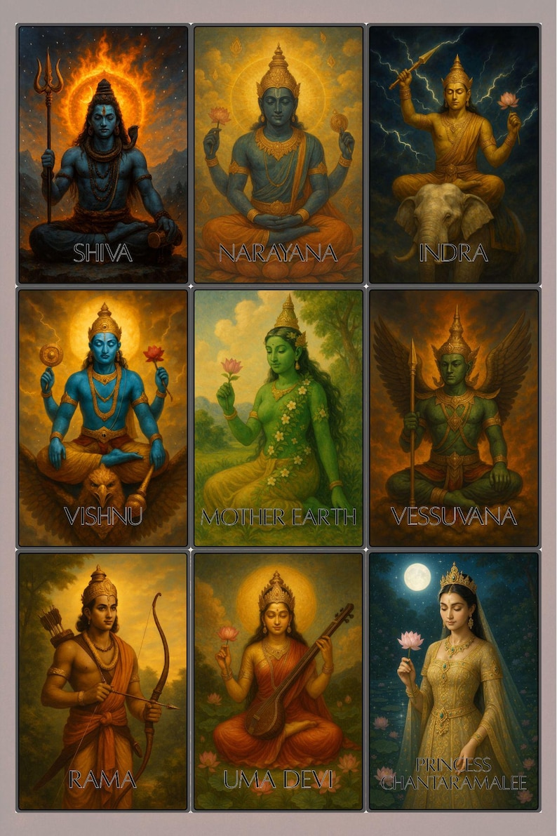 May include: Nine framed illustrations of deities, including Shiva, Narayana, Indra, Vishnu, Mother Earth, Vessuvana, Rama, Uma Devi, and Princess Chantaramalee. Each figure is depicted with vibrant colours and symbolic objects, set against a golden background.