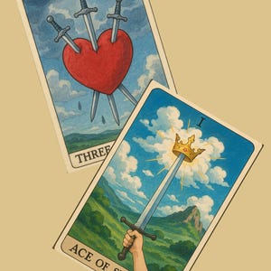 May include: Two tarot cards, the Three of Swords and the Ace of Swords. The Three of Swords card depicts three swords piercing a red heart against a blue sky with clouds. The Ace of Swords card shows a sword piercing a cloud with a crown on top, against a blue sky with clouds and a green landscape.