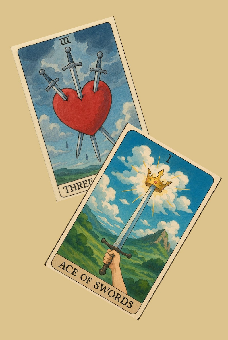 May include: Two tarot cards, the Three of Swords and the Ace of Swords. The Three of Swords card depicts three swords piercing a red heart against a blue sky with clouds. The Ace of Swords card shows a sword piercing a cloud with a crown on top, against a blue sky with clouds and a green landscape.